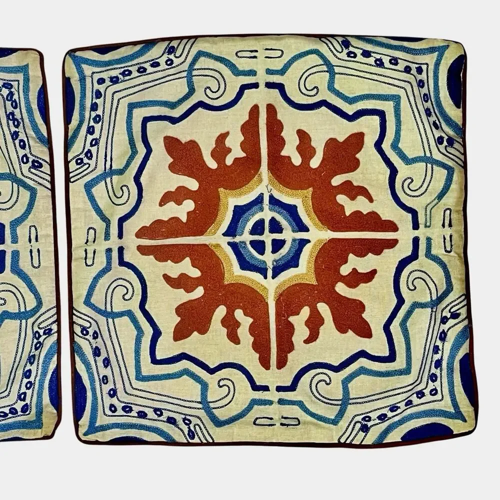 Pier 1 Vintage 2 Pillow Covers 18” x. 18” Mediterranean Tile Blue Terracotta